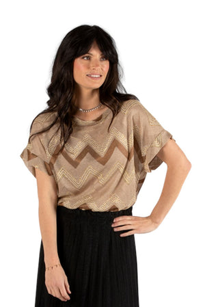 URBAN LUXURY Lurex Zig Zag Top - Mud Gold Tee - Zabecca Living