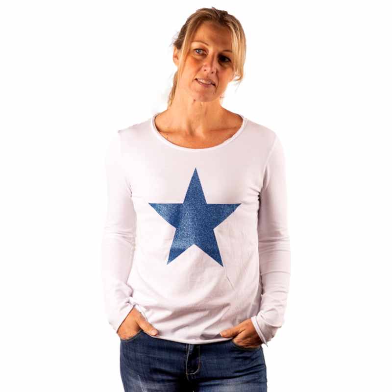 URBAN LUXURY Star Glitter Tee - White/Denim Long Sleeve Tees - Zabecca Living