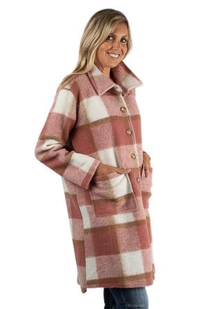 URBAN LUXURY Tartan Long Coat Blush White & Brown Coat - Zabecca Living