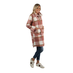 URBAN LUXURY Tartan Long Coat Blush White & Brown Jackets + Coats - Zabecca Living