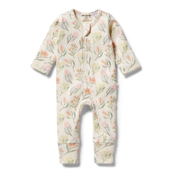 WILSON AND FRENCHY Organic Rib Zipsuit with Feet - Pretty Floral BABY CLOTHING - Zabecca Living