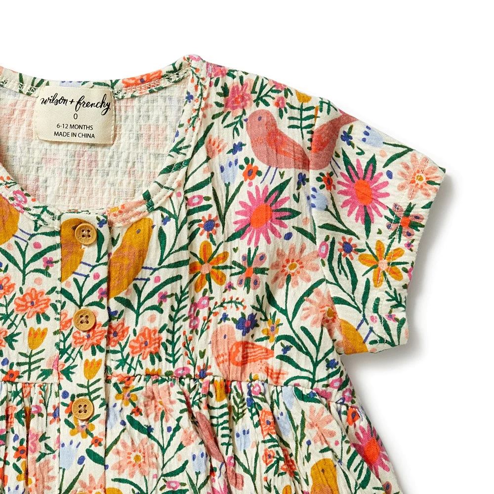 WILSON &amp; FRENCHY Crinkle Button Dress - Birdy Floral BABY CLOTHING - Zabecca Living
