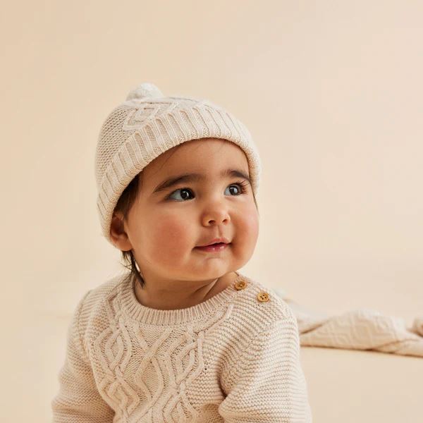 WILSON &amp; FRENCHY Knitted Cable Hat - Sand Melange Baby Hat - Zabecca Living