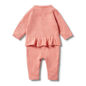 WILSON & FRENCHY Knitted Cable Ruffle Growsuit - Flamingo Fleck BABY CLOTHING - Zabecca Living
