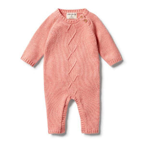 WILSON & FRENCHY Knitted Cable Ruffle Growsuit - Flamingo Fleck BABY CLOTHING - Zabecca Living