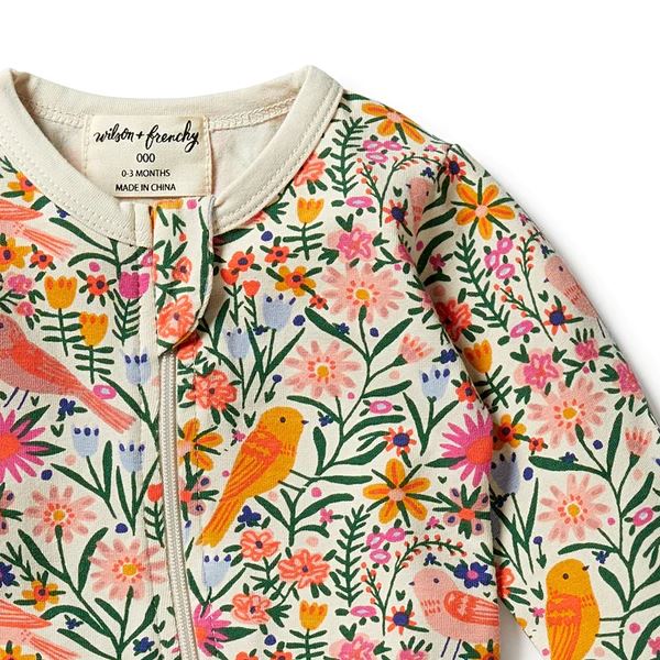 WILSON & FRENCHY Organic Zipsuit With Feet - Birdy Floral BABY CLOTHING - Zabecca Living