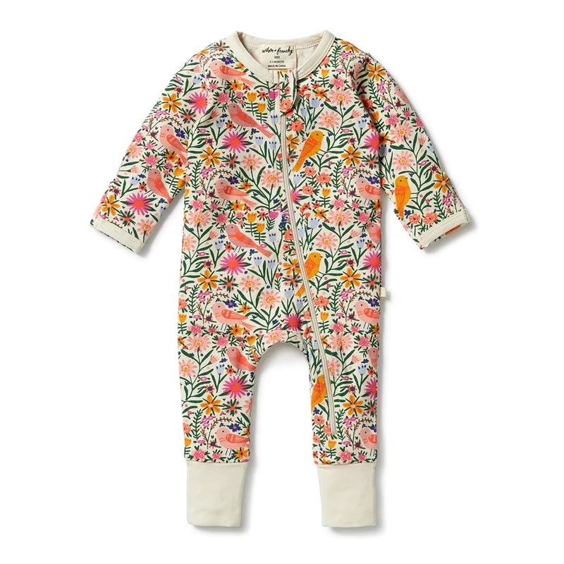 WILSON & FRENCHY Organic Zipsuit With Feet - Birdy Floral BABY CLOTHING - Zabecca Living