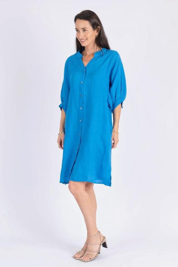 WORTHIER THE LABEL Anya Button Linen Dress - Blue - Zabecca Living