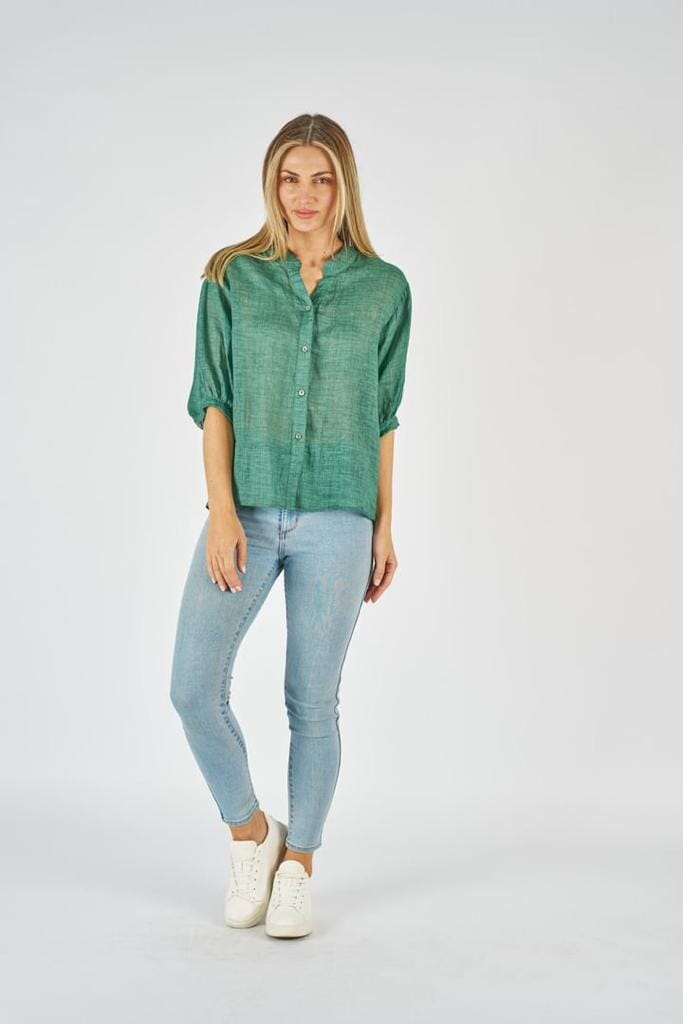 WORTHIER THE LABEL Button Back Linen Shirt - Emerald Shirts &amp; Blouses - Zabecca Living