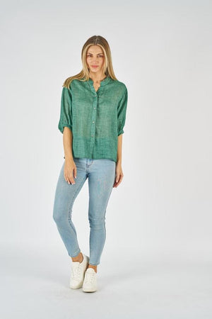 WORTHIER THE LABEL Button Back Linen Shirt - Emerald Shirts & Blouses - Zabecca Living