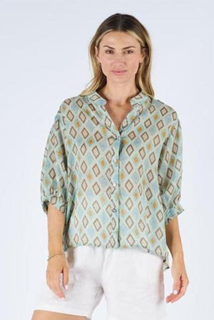 WORTHIER THE LABEL Button Back Linen Shirt - Green Diamond Shirts & Blouses - Zabecca Living