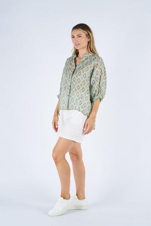 WORTHIER THE LABEL Button Back Linen Shirt - Green Diamond Shirts & Blouses - Zabecca Living