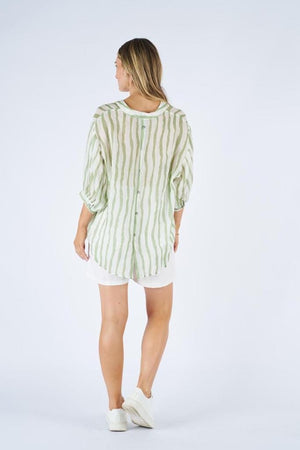 WORTHIER THE LABEL Button Back Linen Shirt - Green Stripe Shirts & Blouses - Zabecca Living
