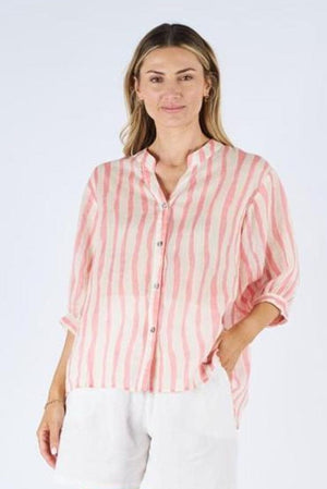 WORTHIER THE LABEL Button Back Linen Shirt - Pink Stripe Shirts & Blouses - Zabecca Living