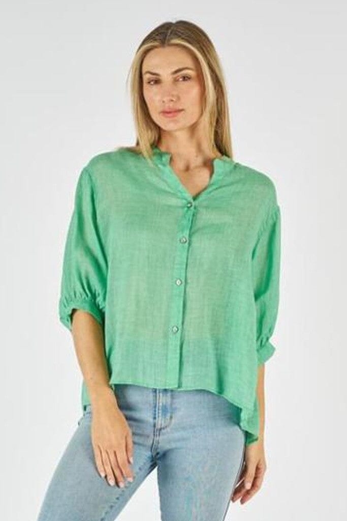 WORTHIER THE LABEL Button Back Linen Shirt - Spring Green Shirts & Blouses - Zabecca Living